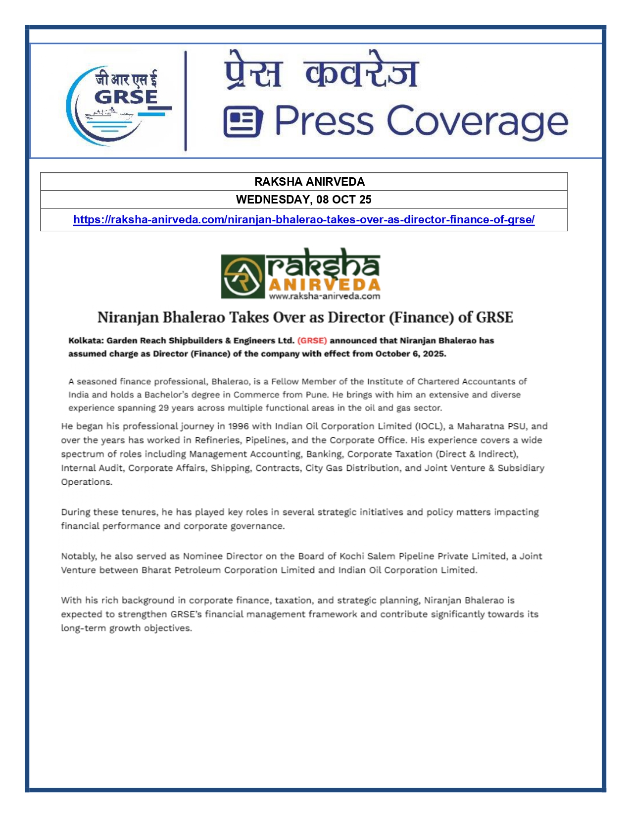 Press Coverage : 08 Oct 25:Shri Niranjan Bhalerao takes over as Director (Finance) of Garden Reach Shipbuilders & Engineers Ltd. (GRSE) 